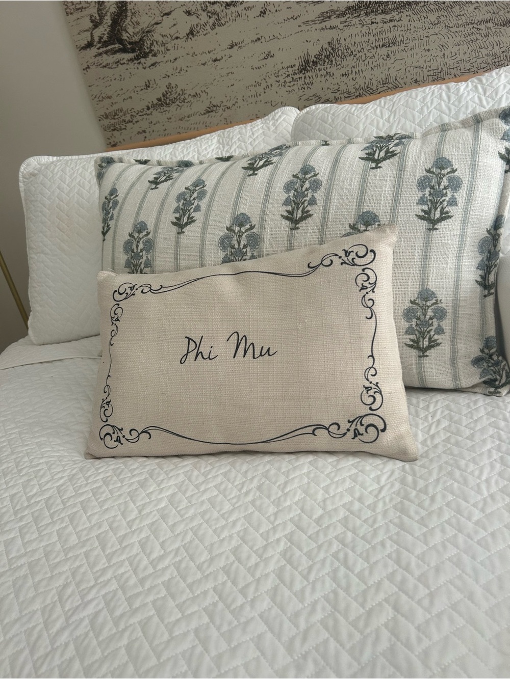 Phi Mu Decorative Throw Pillow in Cream with Black Script